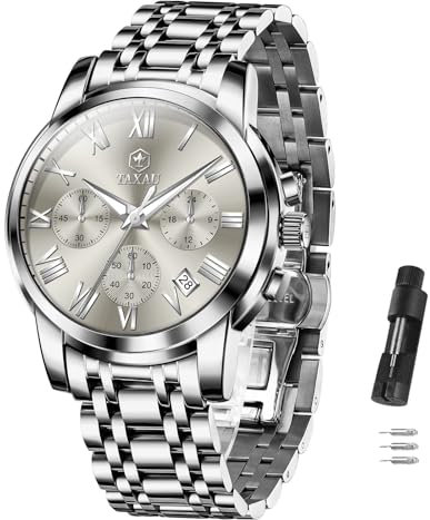 Taxau Herrenuhren Chronograph Edelstahl Analogue Quartz Herrenarmbanduhren Tag Datum Wasserdicht Klassische Luxus Armbanduhr Herren Business Uhr für Männer