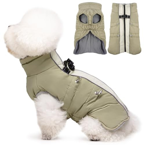 Katzinst Hunde Mantel Kleine Hunde, Hundejacke mit Durch Rutschfester, Reißverschluss Fleecefutter, Ärmellose, D-Ring, Warm Hundemantel mit Geschirr, Schnauzer Mantel, Aprikose, S
