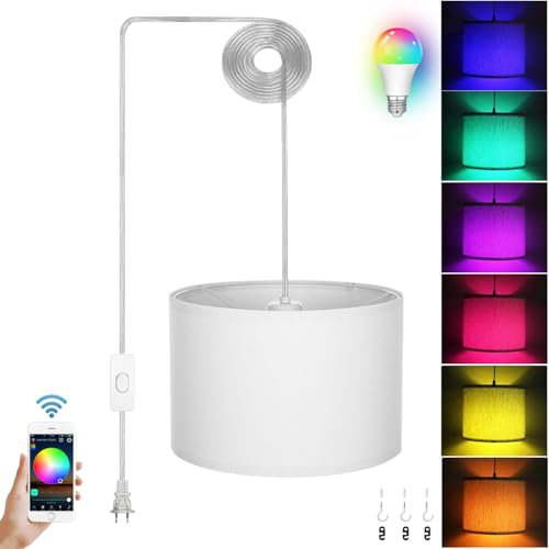 Vintage Hängelampe mit Stecker Dimmbar RGB Farbwechsel Deckenlampe mit APP E27 Rund Stoff Lampenschirm Pendelleuchte 450cm Kabel Rustikal Hängeleuchte für Schlafzimmer Wohnzimmer Flur Esstischlampe