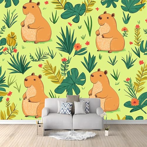 Papier Peint Panoramique 3D Motif Capybara De Dessin Animé Vert 200x140 cm Papier Peint Photo Mural Intissé, Poster Tapisserie Mural Personnalisé 3D Pour Salon Chambre Décoration Murale