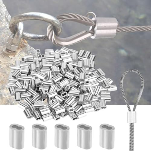 Mangas de Aluminio de Cuerda,150pcs Abrazadera de Cable Manguitos,Cable Acero Mangas de Aluminio,Cuerda de Alambre Doble Agujeros de Aluminio Mangas Clips,Accesorios de Clip Crimps de Cable