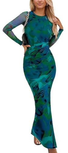 EMOTTOS Women Floral Print Maxi Dress, Boho Split Bottom Long Dress, Ladies Slim Fit Ruched Waist Dress, Wrap Long Dresses for Ladies Party Beach, Green, S