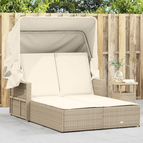 Xichuzi Doppel-Sonnenliege mit Dach und Auflagen Beige Poly Rattan, Gartenliege, Liegestuhl, Sonnenstuhl, Sonneninsel Outdoor, Liegen, Gartenmöbel, Bäderliege, Relaxliege - 365810