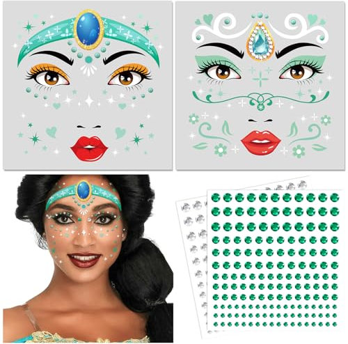 DPKOW Gesichtstattoo Prinzessin Jasmin Kostüm Damen Frauen Temporäre Tattoos Karneval Kostüm Partyzubehör, Glitzersteine Gesicht Prinzessin Jasmin Face Tattoo Schminke Karneval Aladdin Kostüm Damen