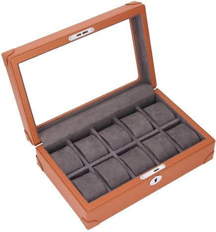 Luocute Uhrenhalter-Organizer aus Leder, Glasfenster-Design, Uhrengehäuse mit 10 Fächern, Großer Glasdeckel, Aufbewahrungsbox für Uhren aus Holz, Retro-Uhrenbox-Organizer für Männer und
