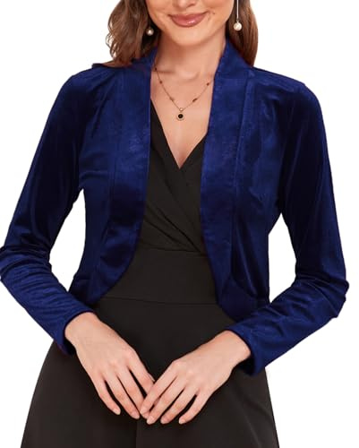 Womens Velvet Shrug Long Sleeve Cropped Bolero Cocktail Party Cardigan | Stretchy Velvet Fabric,Long Sleeve,Crop Length,Open Front Cardigan,Elegant Bolero Shrugs,Evening Dressy Outwear