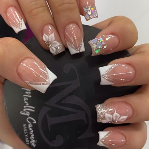 White French Tip False Nails Medium Short Square, SXVME Glitter Press on Nails Pink Fake Nails with Floral Design Bling Glue on Nail Medium Spring Acrylic Stick on Nails for Women