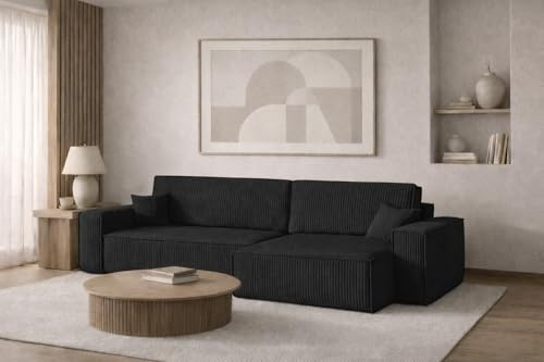 Kaiser Möbel - Ecksofa mit Schlaffunktion und Bettkasten, Schlafsofa mit Bettzeugbehälter, Wohnlandschaft L-Form, Klappsofa, Cord Stoff, Bequemes Couch für Wohnzimmer, Best XL, Schwarz, Rechts