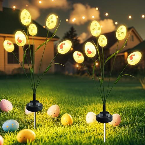 Osterdeko Solarlampen für Außen, 2 Stück Solarleuchten mit 6 LED Ostereier, Warmweiß Ostereier Solarlampen mit 2 Beleuchtungsmodi, IP65 Wasserdicht Solar Gartenleuchten für Ostern Deko Außen (C)