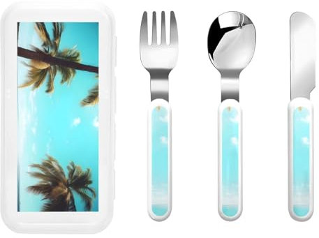 Reiseutensilien-Set mit Palmen- und Meeresaufdruck, inklusive Gabel, Löffel, Messer, ergonomischer Löffel für Rechtshänder