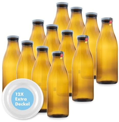 FLASCHENBAUER – Milchflaschen 1 Liter – 12x Glasflaschen 1 Liter – Twist-Off-Deckeln + Ersatz TO48 – Saftflasche, Smoothie Flasche & Weithalsflasche – Robust, temperaturbeständig [Braune-Flasche]