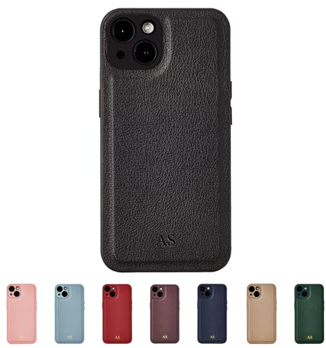 Tirita Personalised Leather Phone Case for iPhone 14 Plus – Leather Black Case or Cover With Custom Initials – Cute Personalised Gift for Men or Women [02. Black Embossed (No Gold) Initials]