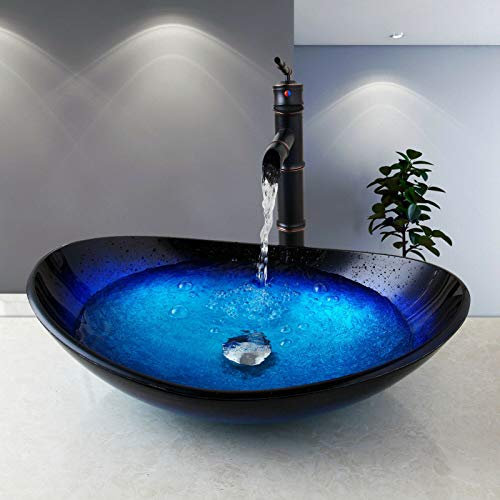 Modernes ovales Waschbecken aus gehärtetem Glas mit Wasserhahn und Abtropfgestell, Aufsatzwaschbecken für Garderobe, 55 x 35 x 11 cm