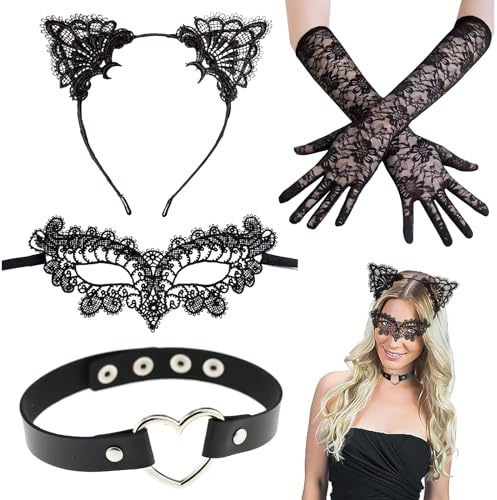 4 pièces Masque Loup Dentelle Sexy, Serre Tete Oreille de Chat Catwoman Masque pour Mascarade Gothique Soirée Costume Party Déguisement Femme Fille Carnaval