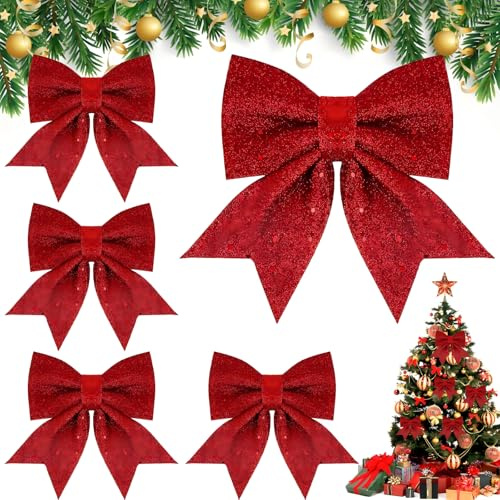 SaiXuan 5er Set Rote Schleifen Weihnachten – Weihnachtsbaum Deko & Weihnachtsbaumschmuck Rot – Weihnachtsbaum Schleifen mit Glitzer, Klassische Rote Weihnachtsdeko mit Drahtband für Baum & Türkranz
