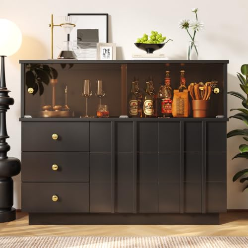 ARTETHYS Küchenschrank, Sideboard mit Glastüren, Buffetschrank 120cm mit 3 Schubladen und 2 Türen, Aufbewahrungsschrank mit Arbeitsplatte, Anrichte für Küche, Wohnzimmer, Flur und Esszimmer, Schwarz