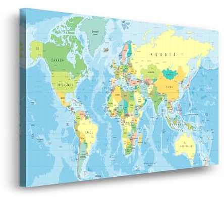 HJ KIDS Weltkarte zum Pinnen 120×80 cm – Kork-Pinnwand mit Pins & englischer Beschriftung – Reise-Weltkarte zum Markieren von besuchten Ländern – Wanddeko Leinwandbild für Wohnzimmer & Kinderzimmer