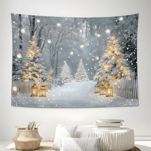 DACRWEKZ Wandteppich Weißer Weihnachtsbaum Wandbehang Winterliche Schneeszene Wandtuch Wandkunst Tapisserie für Schlafzimmer Wohnzimmer 70x100cm