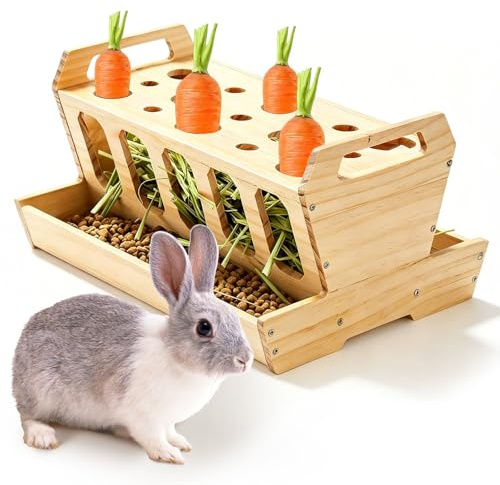 BUERPINKING Hölzern Heuraufe für Kaninchen, Große Meerschweinchen Heuraufe, Hasen, Hamster zubehör Stehend, Futterraufe mit Karottenhalter, Heuraufe Selbstfütterung für Kaninchen, Meerschw