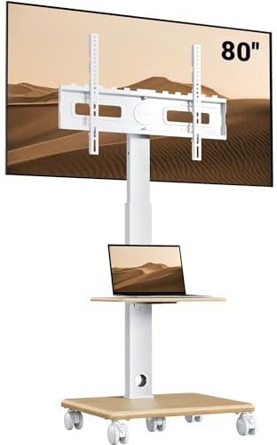 BONTEC Supporto TV da Pavimento con Base in Legno per TV 32-80 Pollici | con 5 ruote, portata 60 kg, VESA 600x400 mm, altezza 1210-1500 mm, girevole e inclinabile, Bianco
