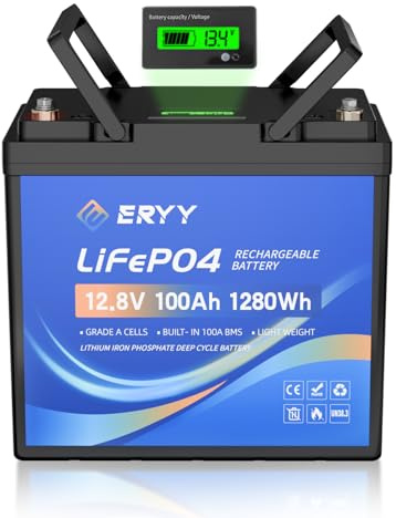 12V 100AH LiFePO4 Lithium Battery with 100A BMS & LCD Voltmeter, 5000+ Deep Cycles Rechargeable Lithium Iron Phosphate Battery for Marine, Solar, Backup Power, Trolling Motors