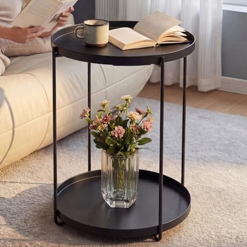 doporro Beistelltisch rund Ø35×H51 cm, mit 2 abnehmbarem Tablett Schwarz | Couchtisch klein aus PP-Kunststoff, Nachttisch als Beistelltisch Couch für Wohnzimmer, Schlafzimmer, Outdoor, Balkon Reglo-08