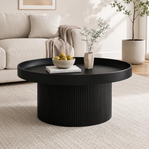 Runder Couchtisch mit Stauraum, Geriffeltes Trommeldesign (schwarz)