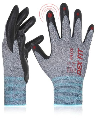 DEX FIT FN330 Guanti da Lavoro, Fit 3D Comodo ed Elastico, Presa Power, Smart Touch, Gomma Nitrilica Resistente e Traspirante, Sottili e Leggeri, Lavabili in Lavatrice, Grigio 6 (XS) 12 Paia