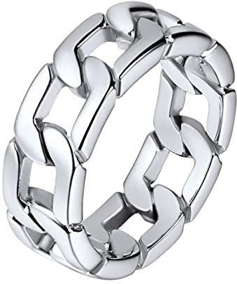 U7 Edelstahl Massiv Kettenring für Männer Großer Ring Hip Hop Street Style Fingerring Cuban Link Panzerkette Rockerring Silberring Modeschmuck für Vatertag Halloween(Ring Größe 62.1)
