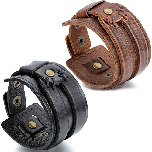JewelryWe Schmuck 2pcs Herren Armband, Punk Rock Schweißband Armreif 24.7cm, Leder Legierung, Schwarz Kaffee