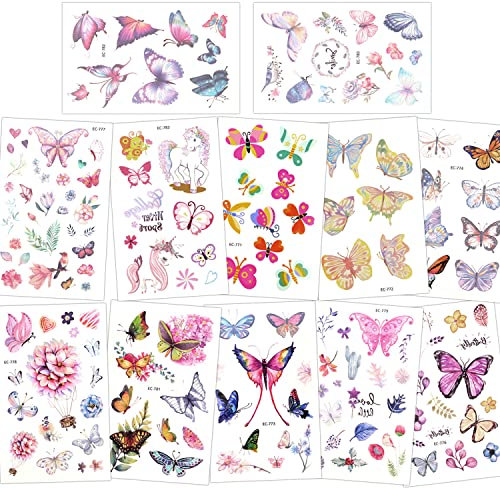 Konsait Tatouage enfant Fille, Papillon Tatouages ephémères Enfant fête de Anniversaire Petit Cadeau Pinata, 12 Feuilles, 100+ Enfants Licorne Papillon Fleur Tatouage Fille