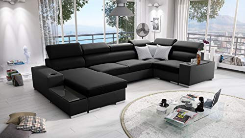 All4All Ecksofa mit Schlaffunktion Porte 358 cm x 205 cm - Wohnlandschaft U-Form - Schlafsofa mit Bettkasten - XXL Sofa - Groß - Gewebe mit Kunstleder - Linke Seite - Schwarz/Schwarz 26