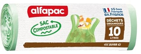 alfapac - 15 sacs 10L compostables à poignées - fabriqués en France - 100% compostable