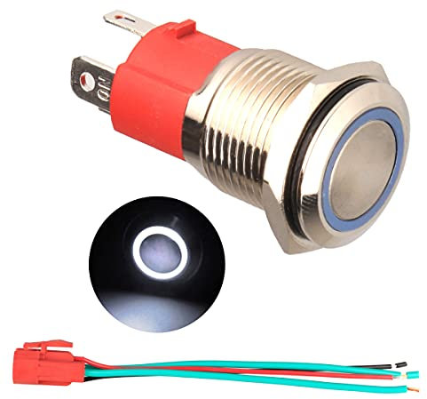 GUUZI Pulsador Momentáneo de 220V/15A, sin luz LED Blanca Impermeable, Pulsador de Arranque de Metal de 19mm con Cable de Enchufe