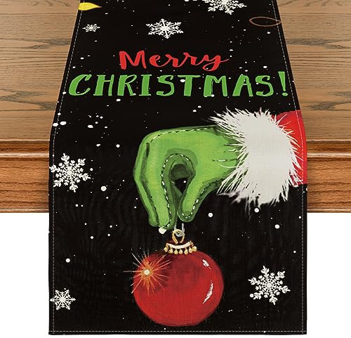 Artoid Mode Merry Grinchmas Weihnachts-Tischläufer, schwarz, saisonal, Winter, Weihnachten, Urlaub, Küche, Esstisch, Dekoration für drinnen und draußen, Zuhause, Party-Dekoration, 33 x 274 cm