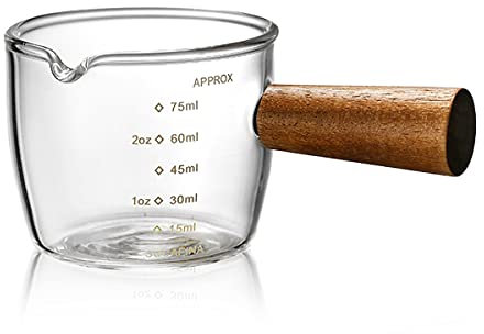 Single Spout Espresso Coffee Shot Glass with Wood Handle Measuring Cup Triple Pitcher Milk Cup Coffee Replacement Carafe for Barista Coffee Carafe Milk Espresso Making, 75 ml (1 Piece)