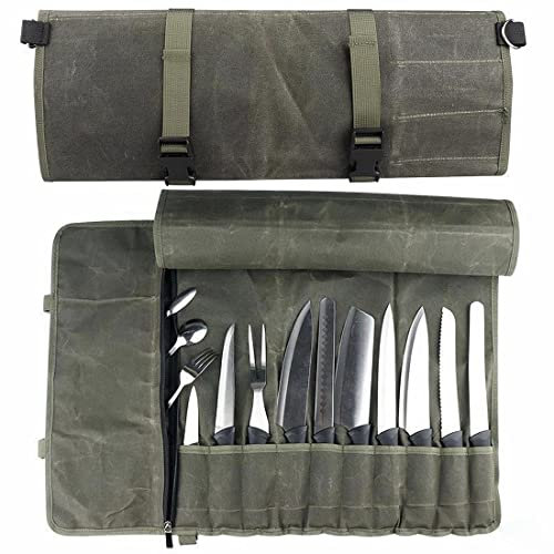 Waterproof Waxed Canvas Chef Knife Roll Pouch, Foldable Travel BBQ Tool Roll Pouch Strap, Portable Knife Case, Knife Organizer with 10 Slots and One Zipper Pocket, Army Green