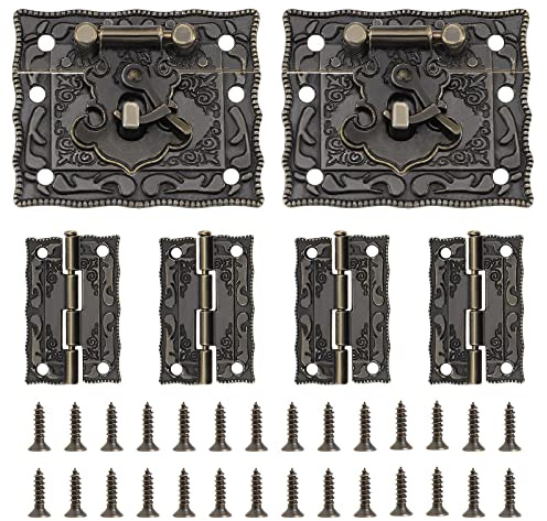 YINETTECH 2 Stück Antik Prägung Verriegelung Schloss Hasp Latch Lock & 4 Stück Bronze Mini Scharnier für Vintage Holzkiste Schmuckschatulle Weinkiste Schrank Kisten