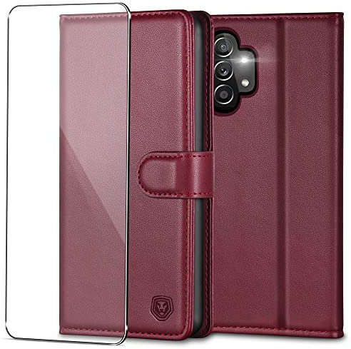 Kuafcase for Samsung A13/A04S Case with 1 Screen Protector, 4 Card Slots Magnetic Closure Kickstand Shockproof Phone Case for Samsung Galaxy A13 4G/A04S - Wine Red