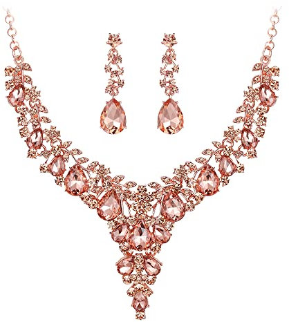 EVER FAITH Österreichisches Kristall-Schmuckset für Damen, Statement Blumen Tränen Halskette und Ohrringe Champagne Rose Gold-Tone