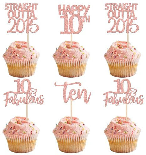 24 Stück 10th Geburtstag Tortendeko Straight Outta 2015 Cupcake Toppers Ten Awesome Since 2015 Kuchen Deko für 10. Geburtstag Jahrestag Party Kuchen Dekorationen Rosegold
