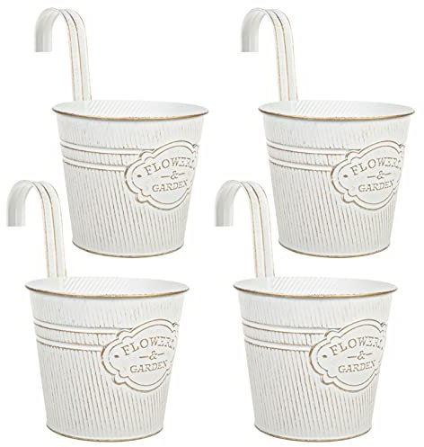 CITÉTOILE 4er Set Hängetöpfe Balkon Groß mit Haken Drainageloch, Blumentopf Hängend Metall Aussen für Pflanzen Blumen, Blumentöpfe zum Aufhängen Vintage, Weiß