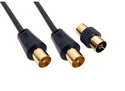 ALIDA SYSTEMS - 10m Aerial Coaxial Cable with Gold-Plated Connectors, Male to Male RF Coax Lead with Female Adapter Coupler for Freeview, Freesat, Sky, Virgin, BT, You View, Satellite TV - Black
