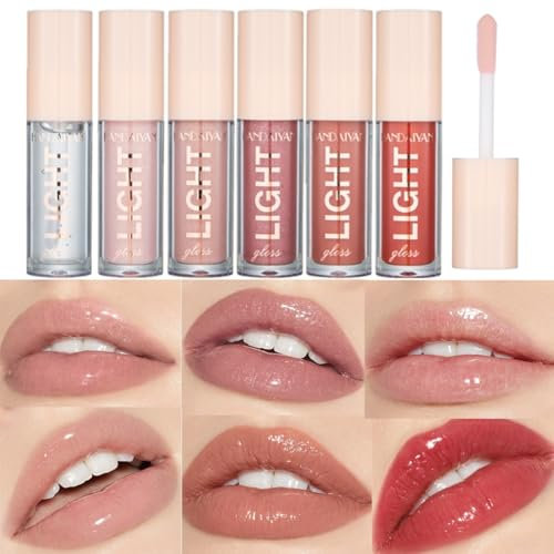 HOPHAT 6Pcs Lip Gloss Set Liquid Lipstick Light Moisturizing Lip Glow Oil Long Lasting Waterproof Liquid Lipstick Crystal Jelly Lip Tinted Lip Gloss for Girls and Women (Set C)