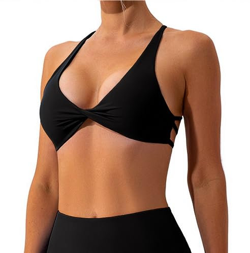 Vertvie Sport BH Damen Rückenfrei Tiefe V Ausschnitt Sexy Yoga Bra Gepolstert Bustier Push up Bralette Twist vorne Gym Workout Fitness(1pc: Schwarz,M)