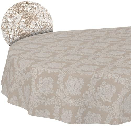 ANRO Tischdecke abwaschbar Damast Barock Beige oval 200x140 cm Tischwäsche | schmutz- & wasserabweisend, pflegeleicht – waschbar bei 30 °C – ideal für Garten, Terrasse & Esszimmer