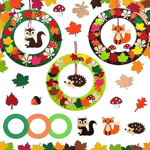 DAZZTIME Herbst Basteln Kinder,87 Stück Filz Herbst Bastelset für Deko,Basteln Herbst Kinder,Herbst Kränze Bastelset,Mit Igel Eichhörnchen Fuchsmuster,Basteln ab 3 4 5 6 Jahre für Jungen Mädchen