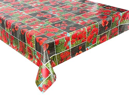 Wachstuch Tischdecke abwaschbar Gartentischdecke, Viele Größen und Designs, wasserabweisend (Mohnblumen Rot Grün- WF-5577A, 100x140 cm)