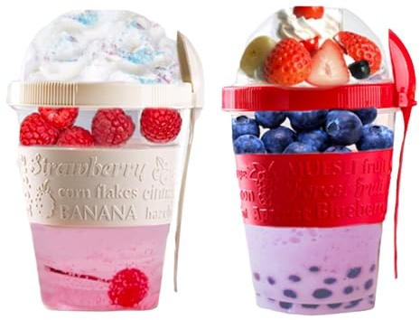 4All Pots à yaourt réutilisables de 600 ml avec cuillère et couvercle hermétique, sans BPA, passe au lave-vaisselle, rouge, crème