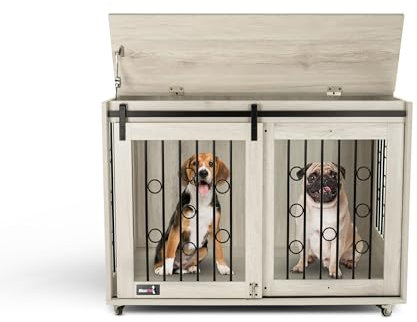 MaxxPet Hundekäfig Holz - Tierkäfig - Haustierkäfig mit herausnehmbarem Trennwand - Hundebox mit 2 Türen - Moderne Hundehütte Indoor für Hunde - 102x65x68 cm - Grau